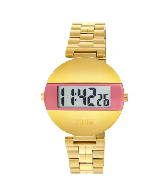 TOUS - Reloj digital con brazalete de acero IPG dorado y color rosa MARS