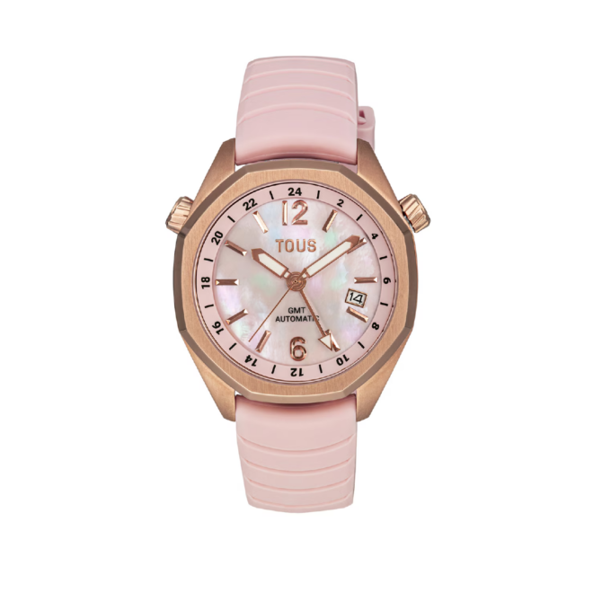 TOUS - Reloj GMT automático con correa de silicona rosa, caja de acero IPRG rosa y esfera de nácar TOUS Now