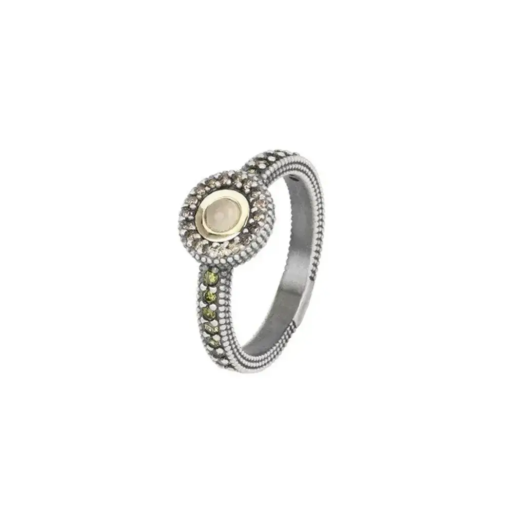 Anillo Sunfield Gorbeia de plata con cuarzo rosa, oro amarillo y circonitas