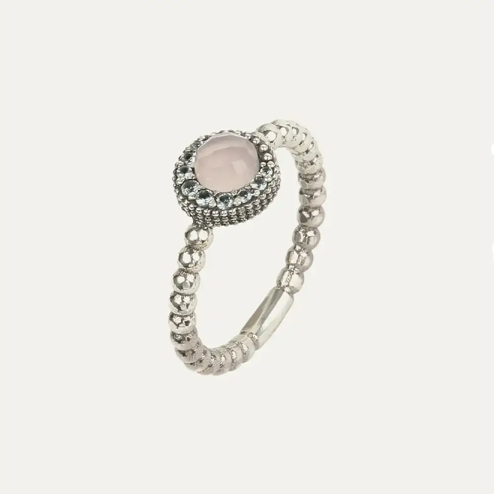 Anillo Sunfield Zinnia mini de plata oxidada con cuarzo rosa y circonitas AN064790/15