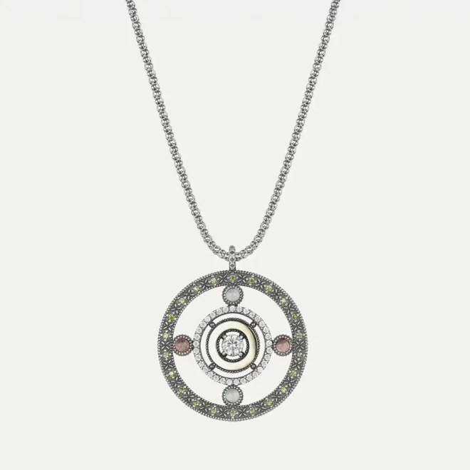 Colgante Sunfield Eiffel Round de plata envejecida con calcedonia, turmalina rosa y circonitas CL064090