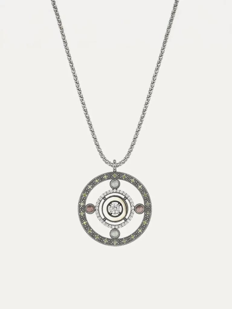 Colgante Sunfield Eiffel Round de plata envejecida con calcedonia, turmalina rosa y circonitas CL064090