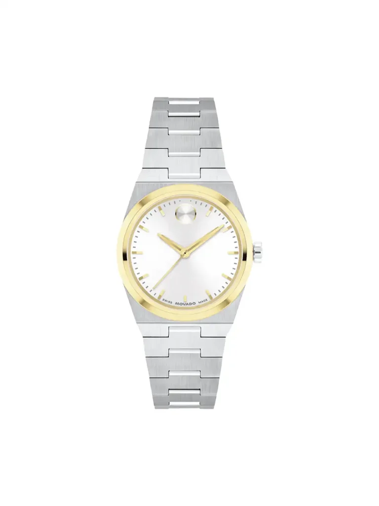 Reloj de mujer Movado BOLD Quest Mini con esfera blanca y detalles en oro amarillo 3601291