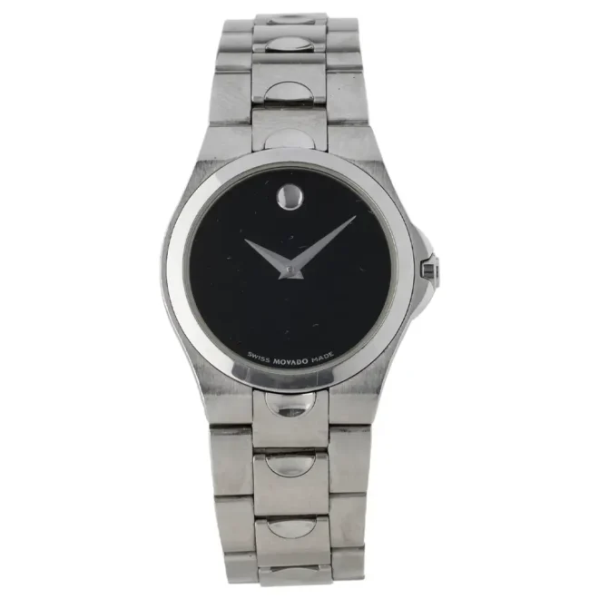 Reloj Movado Luno de acero inoxidable con esfera negra y pulsera plateada 84.E6.1830