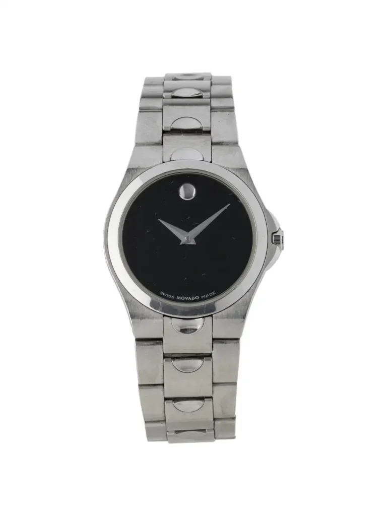 Reloj Movado Luno de acero inoxidable con esfera negra y pulsera plateada 84.E6.1830