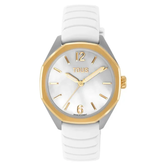 Reloj analógico bicolor TOUS Now Lady con correa blanca de caucho, esfera de nácar y movimiento suizo 3000141100