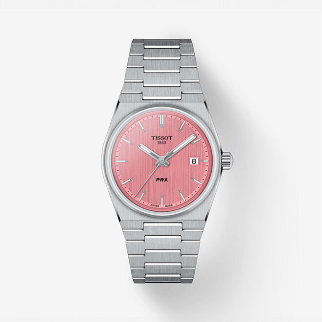 Reloj Tissot PRX 35 mm cuarzo, caja de acero, esfera rosa, correa intercambiable T1372101133100