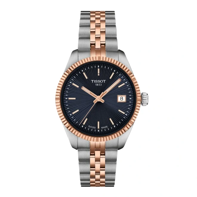 Reloj Tissot Ballade 34 mm bicolor PVD rosa, esfera azul, cuarzo con EOL T1562102204100