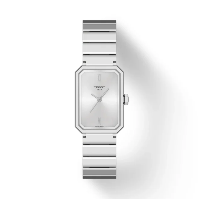 Reloj Tissot SRV rectangular de acero, cuarzo suizo y zafiro 5 bar T1601101103300
