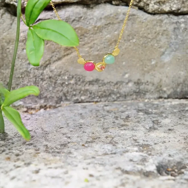 Salvatore | Collar Plata Chapado Dorado · Óvalo Lisos Rosa Fucsia y Verde Menta · 241C0067
