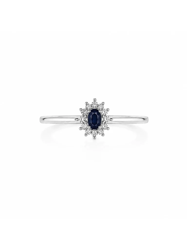 Anillo oro blanco con zafiro y diamantes