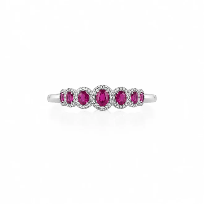 Anillo oro blanco con rubíes y brillantes