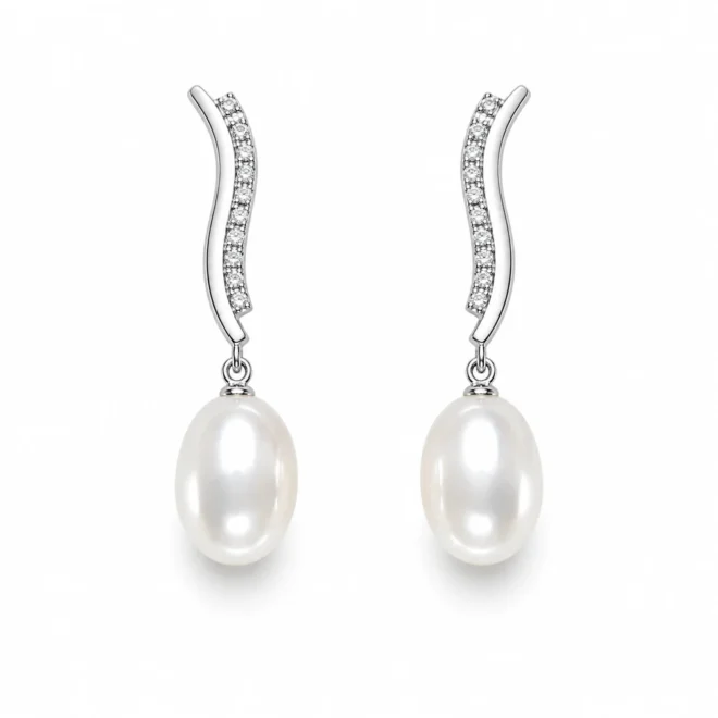 Pendientes novia oro blanco con perla oval y circonitas